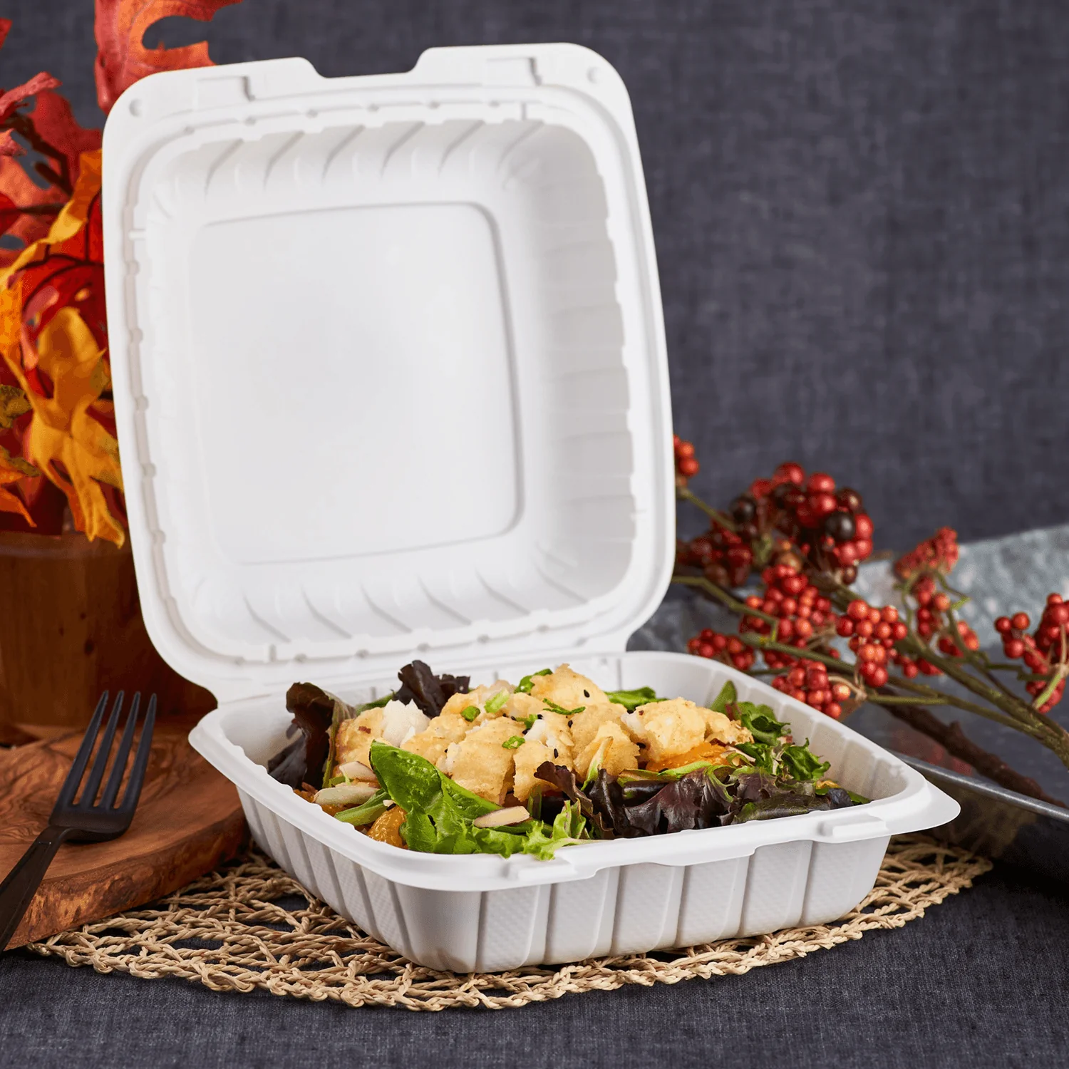 9" Square Bagasse Food Container with Lid - Sugarwares